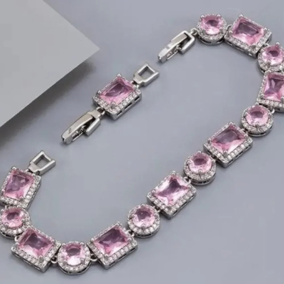 Glittering Pink Zircon 8 inch Bracelet - Exquisite Round Square Design - Picture 2 of 5